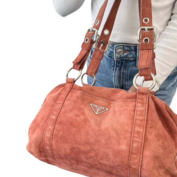 PRADA Vintage Logo Shoulder Bag Tote Red Brown Silver Handbag Suede Zip [105155] - Picture 4 of 13